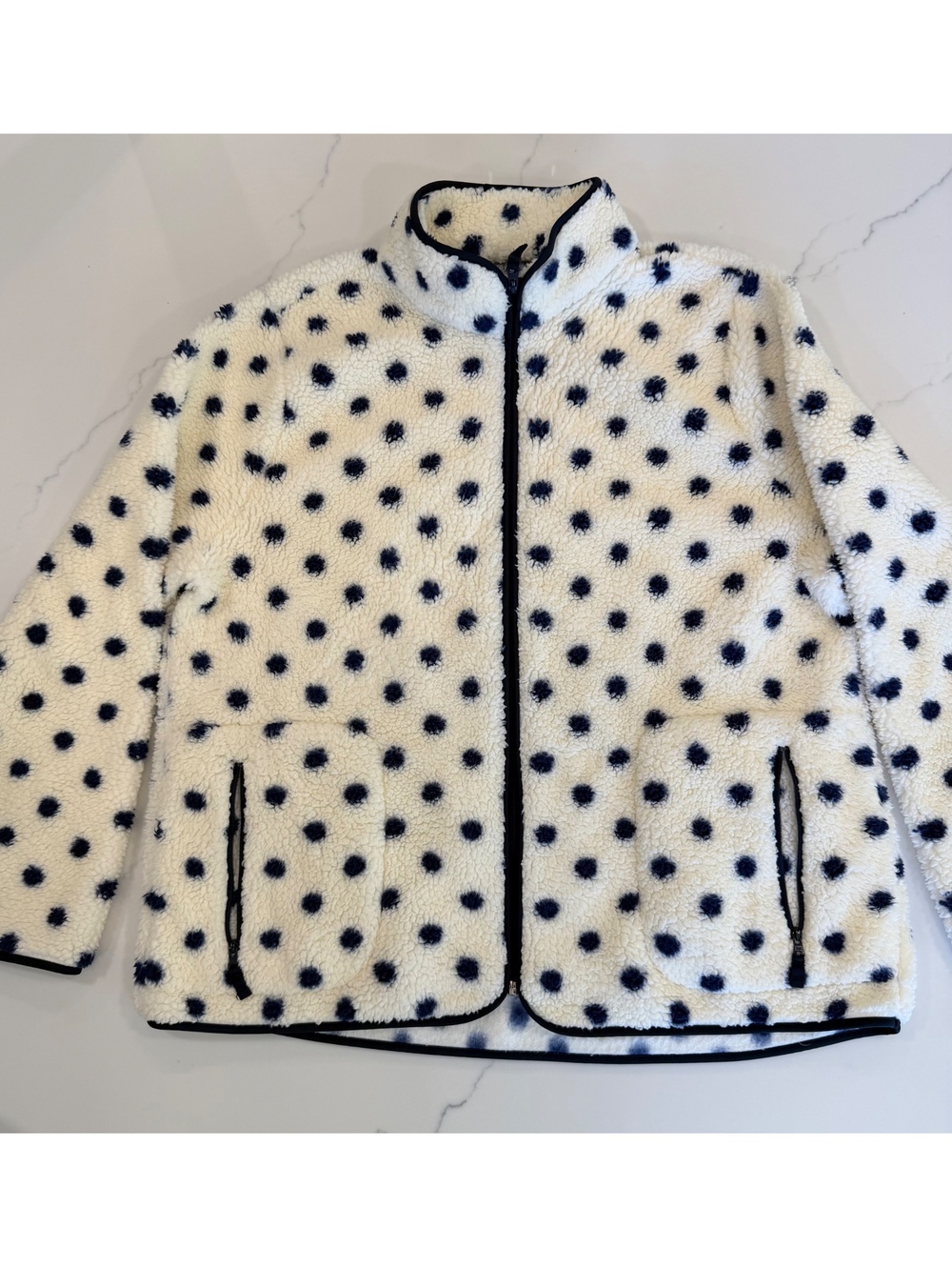 T by Talbots Sherpa Fleece Full Zip Jacket White Blue Polka Dots Size Large